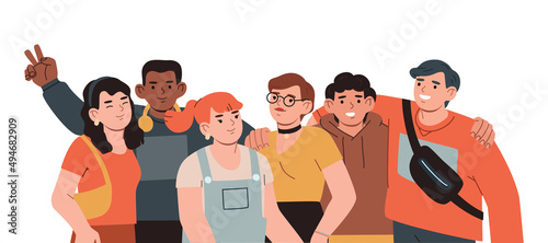 Group of happy friends smiling and hugging together. Portrait of female and male characters. Friendship concept. Hand drawn vector colorful funny cartoon style illustration