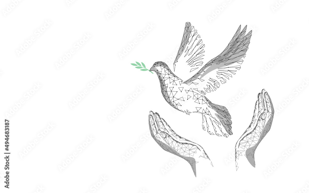 Obraz premium Low poly art dove of peace. World Day pigeon hope emblem against military conflict violence poster drawing sketch. National bird stop no war vector illustration