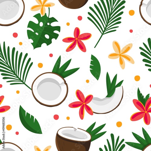 Seamless pattern coconut half with tropical green leaves and flowers Vector illustration isolated on white background