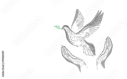 Low poly art dove of peace. World Day pigeon hope emblem against military conflict violence poster drawing sketch. National bird stop no war vector illustration © LuckyStep