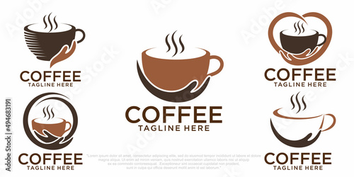 Coffee logo design template combination cup and hand, simple icon set logos