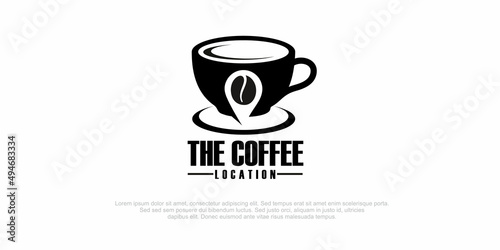 Minimalistic vector logo for coffee shop. Outline logotype with coffee bean and navigation mark