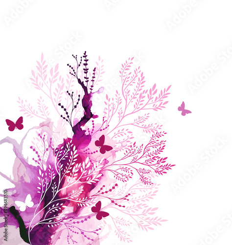 Abstraction pink watercolor with butterflies. Vector illustration