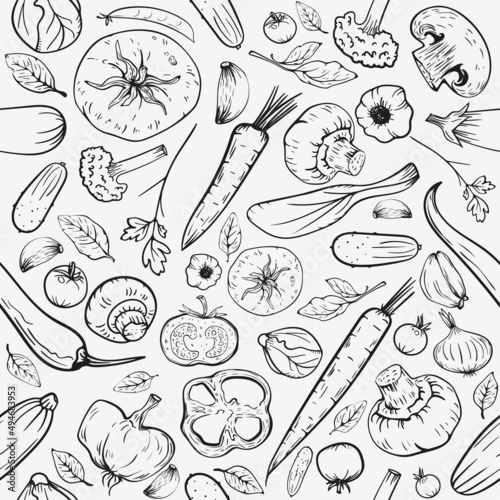 Healthy organic food seamless pattern vector white background. Hand drawn sketch vintage vegetables tomato, cucumber, pepper, garlic, mushrooms for vegan package, menu, recipe, cooking.