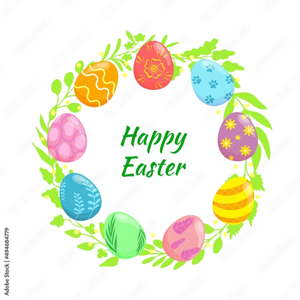 Happy Easter, wreath made of leaves and twigs and colorful eggs with greeting in the center Happy Easter, wreath made of leaves and twigs and colorful eggs with greeting in the center