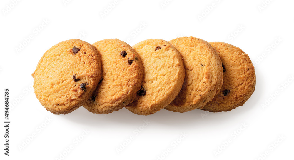Shortbread chocolate chip cookies in a row cutout. Five danish butter biscuits isolated on a white background. Tasty danish pastry for breakfast and sweet food concepts. Shortbread chocolate chip cookies in a row cutout. Five danish butter biscuits isolated on a white background. Tasty danish pastry for breakfast and sweet food concepts.