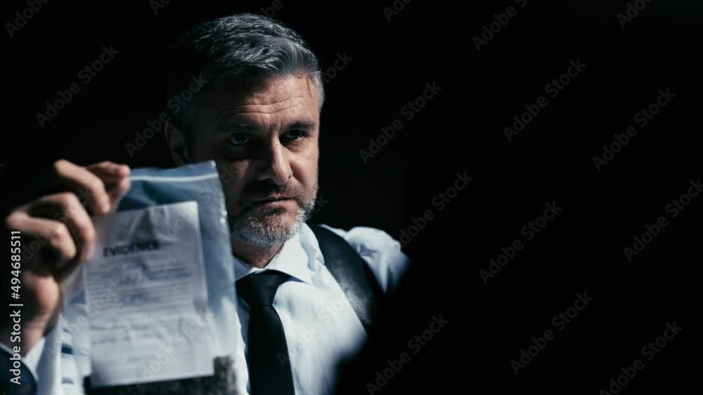 Police detective questioning suspect in custody about substance in evidence bag Police detective questioning suspect in custody about substance in evidence bag