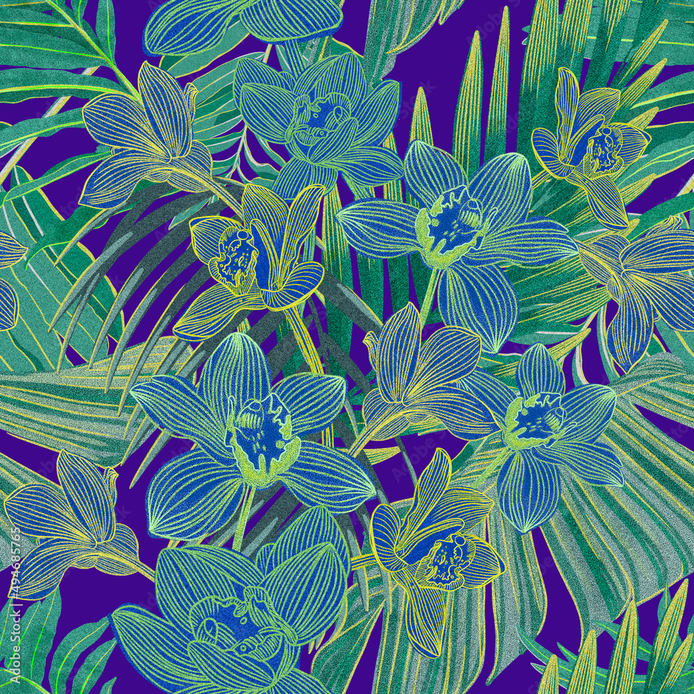 Fototapeta Beautiful bright orchids surrounded by lush tropical plants. Bright neon exotic colors.Printable seamless eye-catching bold patterns for graphic design, pattern surface, wallpaper, t-shirt and apparel