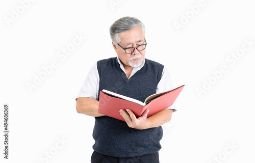 Adult senior old man wearing eyeglasses thinking and reading book with copy space for your promotional or text isolated on white background,People lifestyle concept.