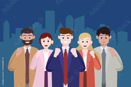 Business concept. Group of multiracial business people in suits are cheering up and smiling with their fists on.  Business team stands together on the background of skyline. Flat cartoon style.  