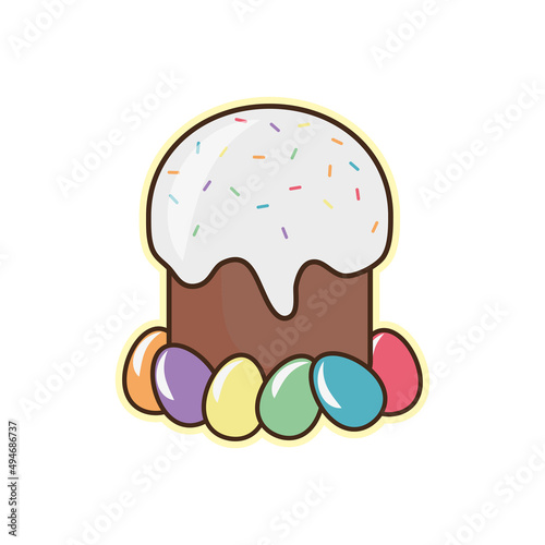 Easter cake and painted eggs. A postcard for the Easter holiday, a sticker or a background.