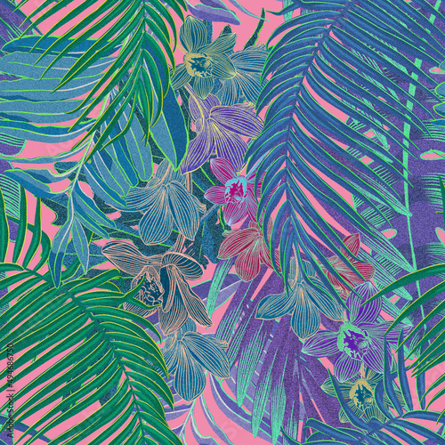 Very Per colors seamless tropical patterns stylish bright ultraviolet with neon accents. Bright orchids against the background of exotic lush foliage create a beautiful stylish design for fabric, wall