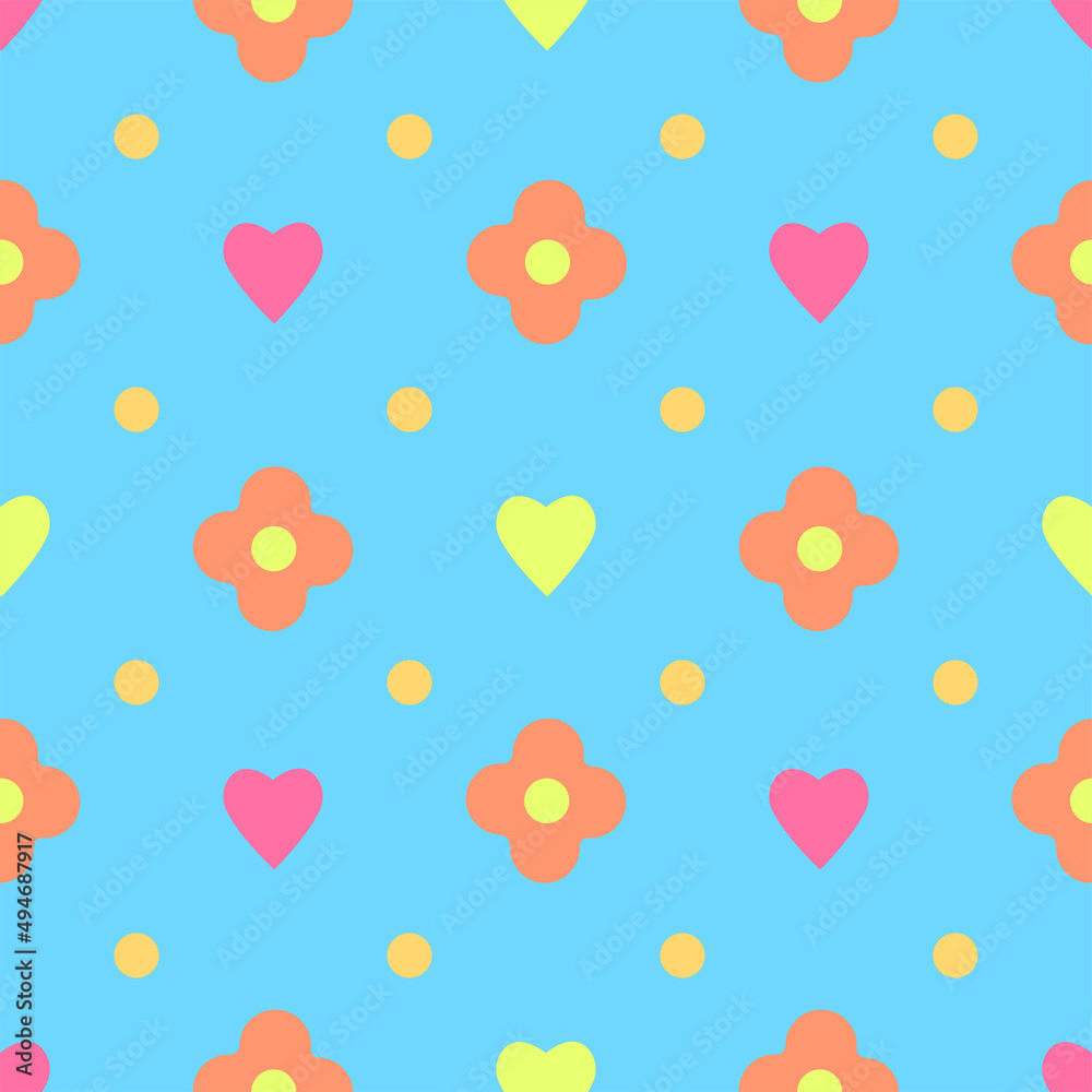 Geometric flower, hearts on blue colorful background. Design template. Simple modern graphic. Spring or summer decoration. Seamless vector pattern. Easter wrapping.