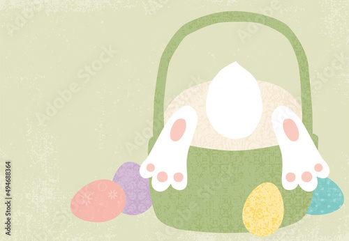 An Easter bunny diving into a basket, in a cut paper style with textures
