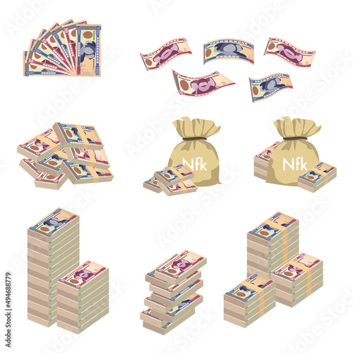 Nakfa Vector Illustration. Huge packs of Eritrea money set bundle banknotes. Bundle with cash bills. Deposit, wealth, accumulation and inheritance. Falling money 50, 100 NFK.