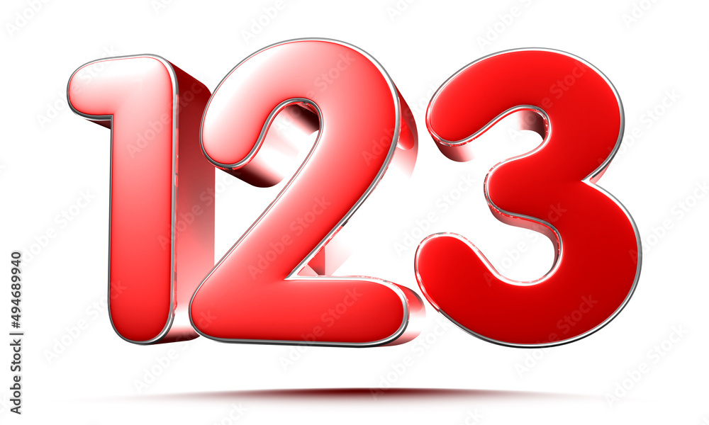 Rounded red number 123 on white background 3D illustration with clipping path