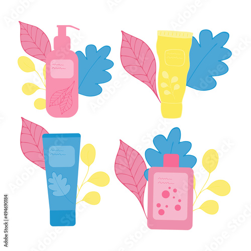 A set of various cosmetics for hair care. A set of cosmetics and hair products in bottles, tubes and jars. Color flat vector illustration isolated on a white background.
