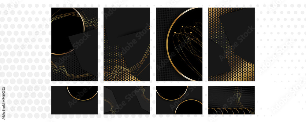Set universal version of the basis for a Wedding or Christmas gold elements dots circles and lines design black background abstract shiny color golden
