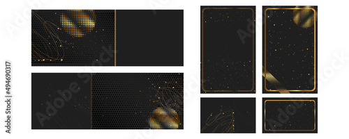 Set universal version of the basis for a Wedding or Christmas gold elements dots circles and lines design black background abstract shiny color golden