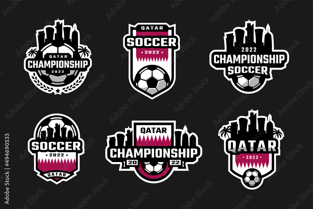 Football championship. Set sport logo Qatar 2022 on a dark background. Vector illustration.