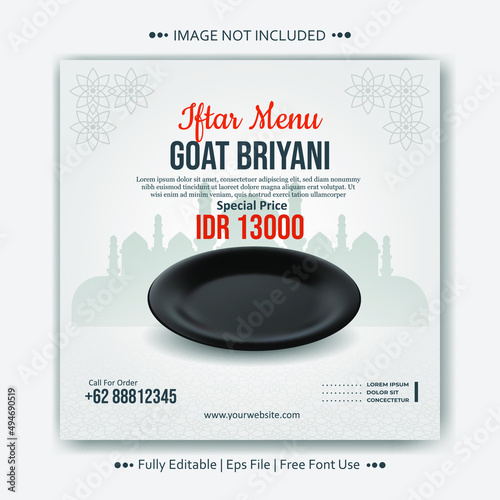 Social media banner post for arabic food goat biryani rice Iftar discount template 