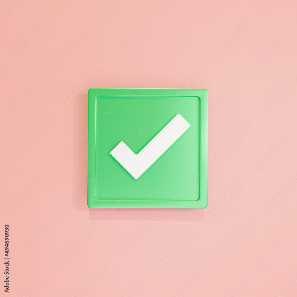 3d social media notification neon light check mark icon in green rounded square pin isolated on light pink background with shadow 3D rendering 3d social media notification neon light check mark icon in green rounded square pin isolated on light pink background with shadow 3D rendering