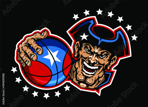 american patriot mascot holding basketball with stars for school, college or league