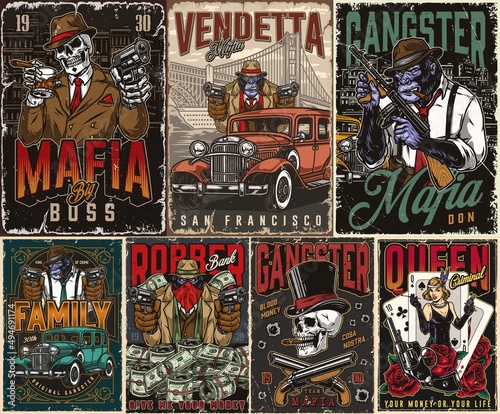 Mafia vintage posters collection with inscription