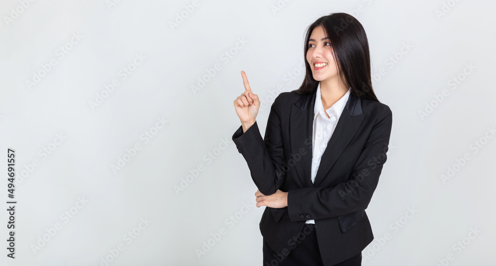 asian woman hands pointing to copy space for your promotional or text on white background. asian woman hands pointing to copy space for your promotional or text on white background.