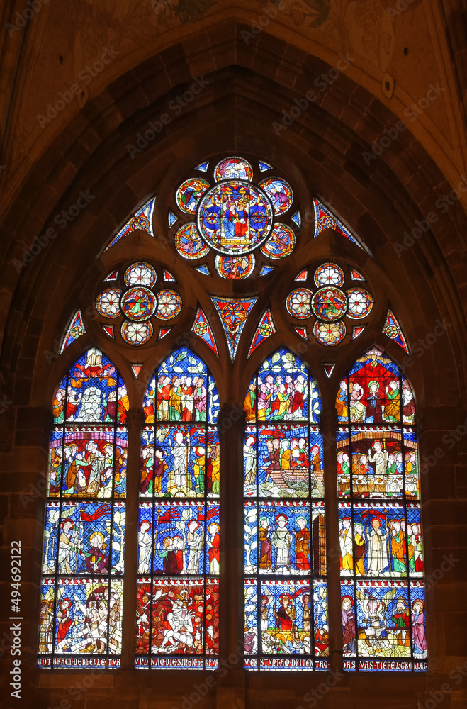 Strasbourg, France - May 22, 2017: Our Lady Cathedral, Interior, Stained-Glass windows, Strasbourg, Alsace, Bas-Rhin Department, France
