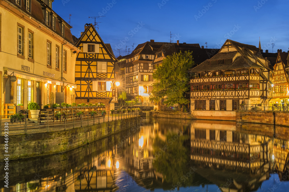 Strasbourg, France - May 23, 2017: ILL canal at night, Strasbourg, Alsace, Bas-Rhin Department, France