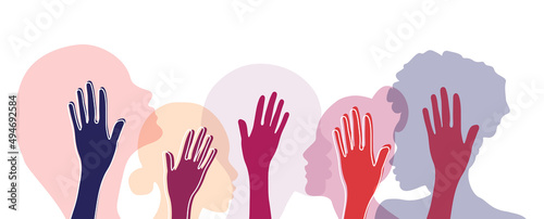 Banner background of human profile silhouette. Colorful up hands. Vector illustration 