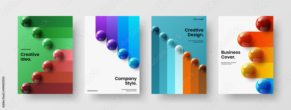 Clean 3D balls catalog cover illustration set. Modern poster A4 design vector layout bundle.