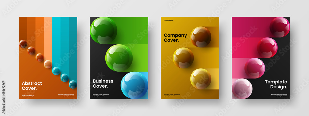 Amazing corporate brochure design vector concept set. Vivid 3D balls banner layout composition.