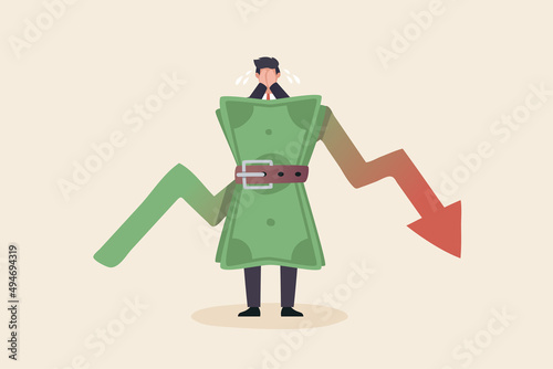 Businessman and Dollars bill with tighten or squeezing his belt is like saving money..Tighten belt to save money. .cut budget to save business to survive or frugality.