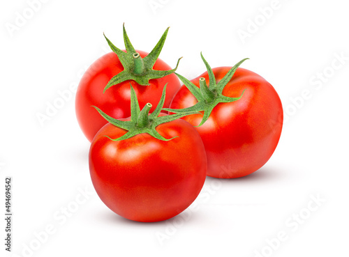 Three red tomatoes isolated on white background.