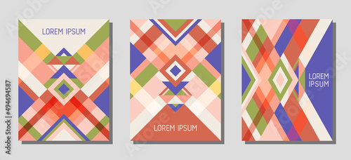 Cover page layout vector template geometric design with triangles and stripes pattern.