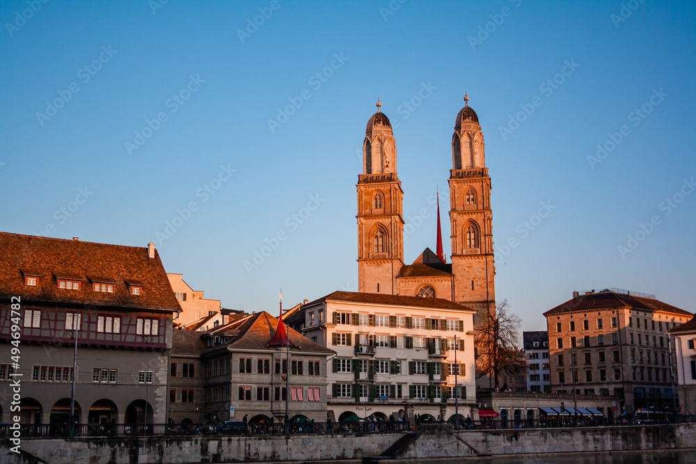 The Grossmunster is a Romanesque-style Protestant church in Zurich, Switzerland