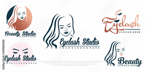 beauty eyelashes extension and beauty women icon set logo design