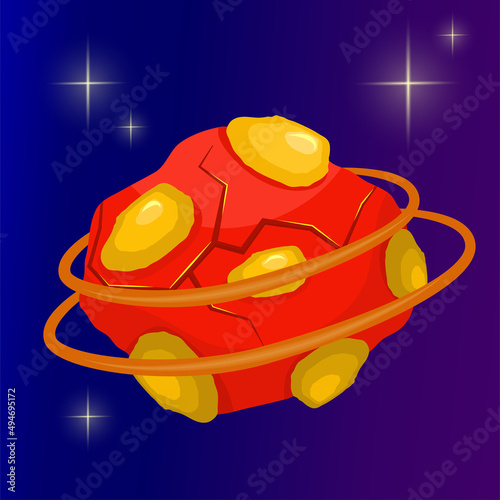 Fantasy planet cartoon with rings. Red magic round planet with stone. Cartoon vector illustration. Ui design.