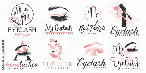 Luxury beauty eyelashes extension and nail icon set logo design