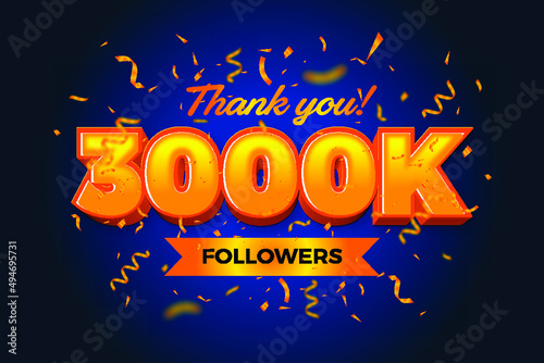 Thank you 3000K follower, social media template design, 3d typography with confetti isolation background, Vector