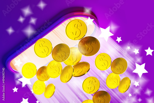 Money rain on purple. Gold ...