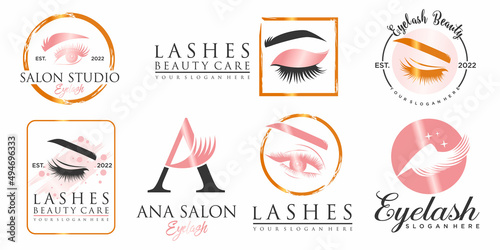 Beauty eyelash extension icon set logo design template