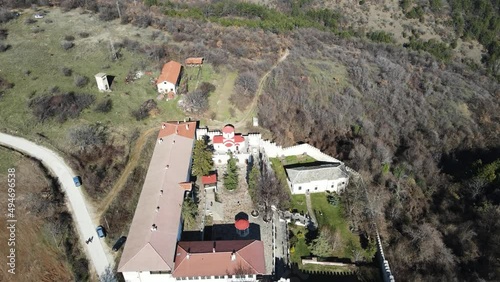 Aerial view of Medieval Kuklen Monastery dedicated to Saints Cosmas and Damyan, Plovdiv Region, Bulgaria photo