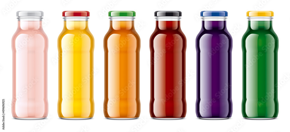 Set of Glass Bottles with transparent Juices. Set of Glass Bottles with transparent Juices.
