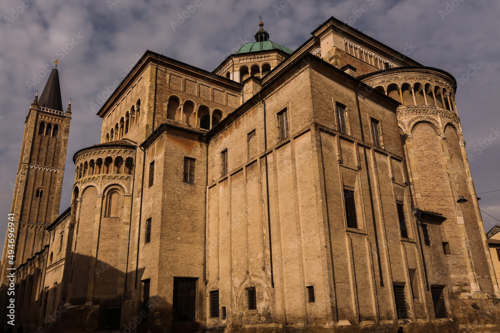 A view of exterior side of the historic Parma Cathedral, Italy.