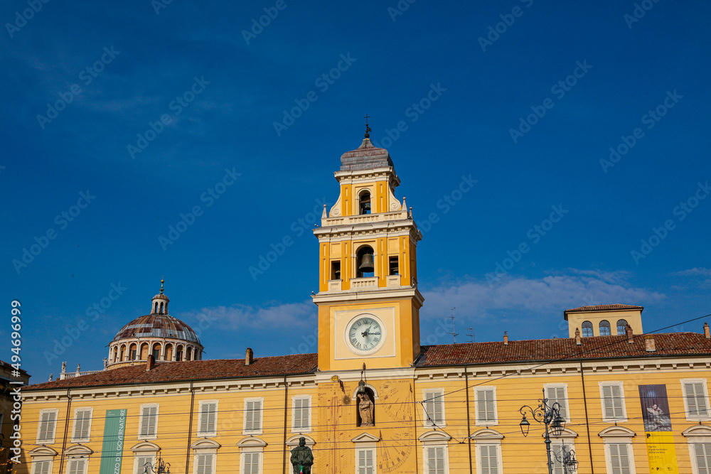 View of The Governor`s Palace and monument of Giuseppe Garibaldi in the center of Parma