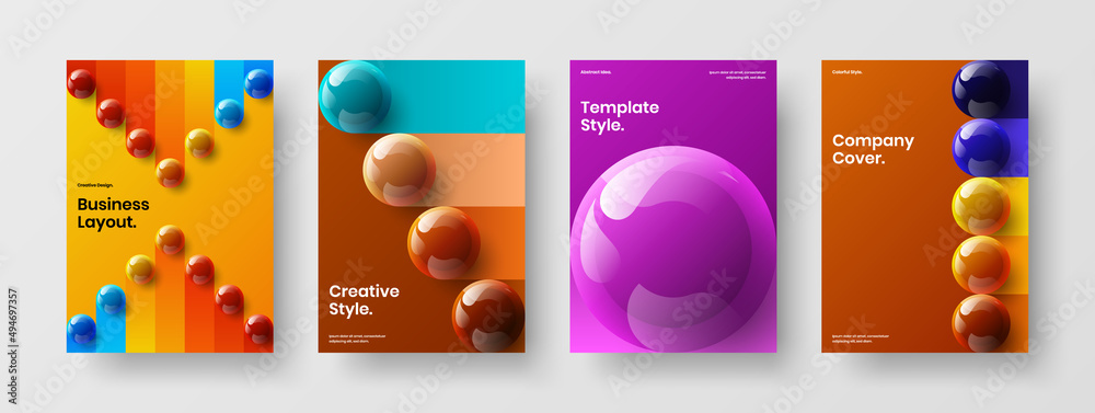 Geometric journal cover vector design layout bundle. Bright 3D balls annual report template set.