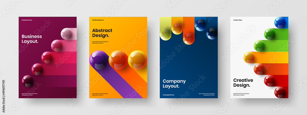 Vivid pamphlet design vector layout bundle. Creative realistic balls magazine cover concept composition.